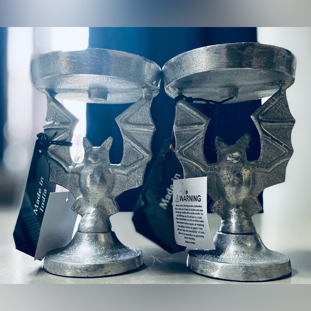 Silver Bat Pillar Candle Holder Set